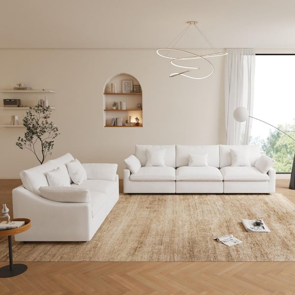 Modular Linen Fabric Down Filled Cloud Living Room Set 2 Seater and 3 Seater Sectional Sofa with Washable Cover in White