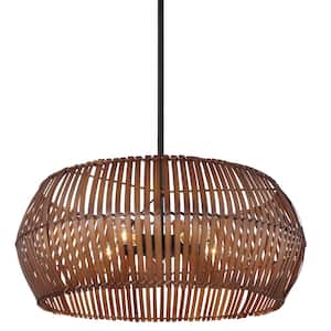 Brentwood Shore 5-Light Black Cage Pendant with Wicker Shade