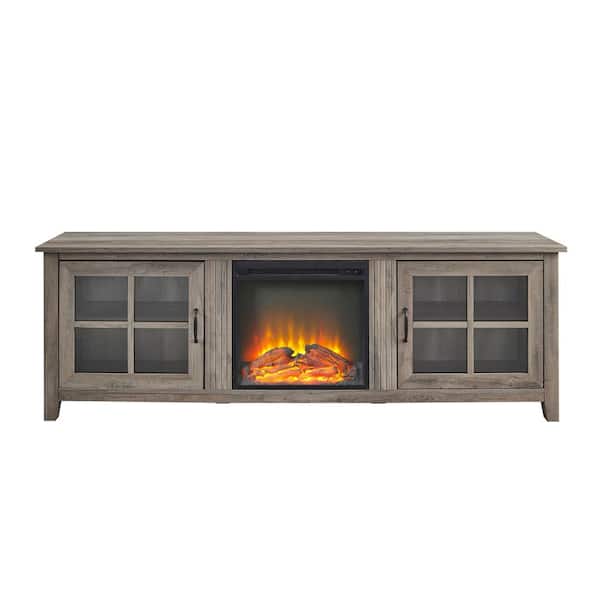 Boyel Living Gray Modern Farmhouse 2-Door Glass TV Stand Fits TVs up to 70 to 85 in.