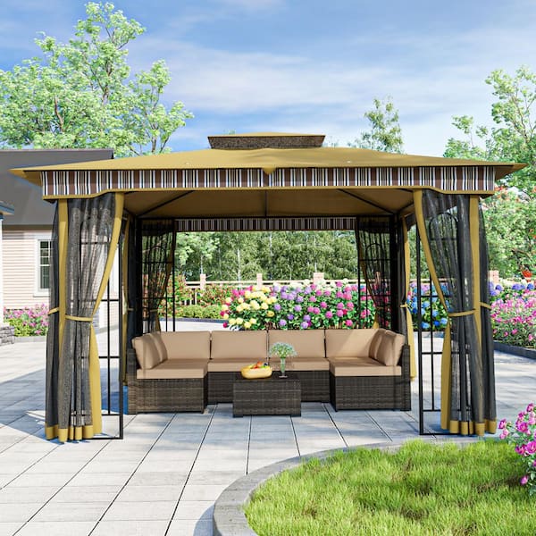 8-Piece 13 ft. x 11 ft. Outdoor Patio Beige Steel Gazebo with 7-Wicker Outdoor Patio Conversation Set
