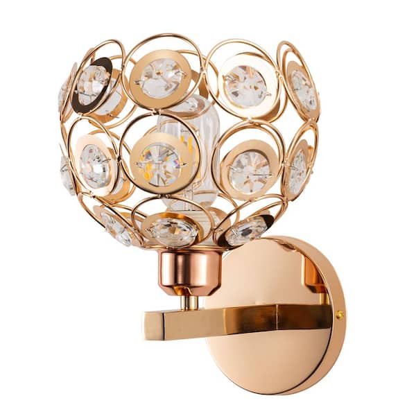 YANSUN 6.7 in. 1-Light Gold Wall Sconce, with Crystal Dome Shade for Living Room Foyer