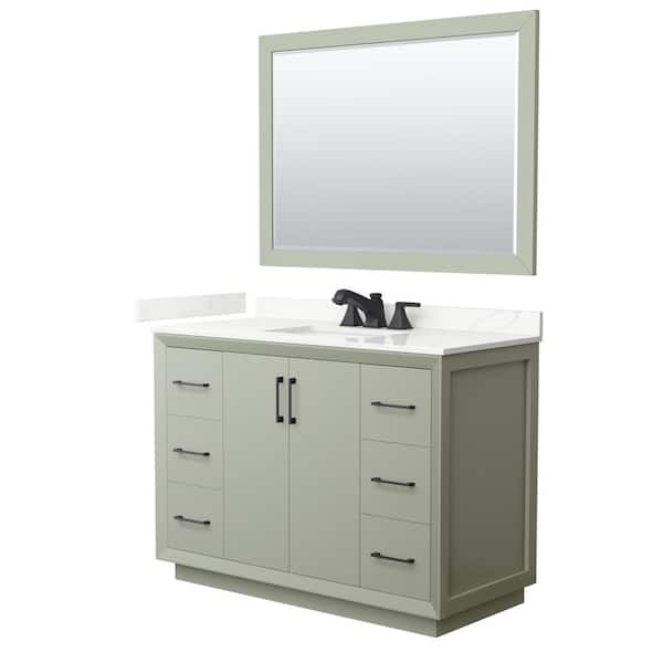 Wyndham Collection Strada 48 in. W x 22 in. D x 35 in. H Single Bath Vanity in Light Green with Giotto Quartz Top and 46 in. Mirror