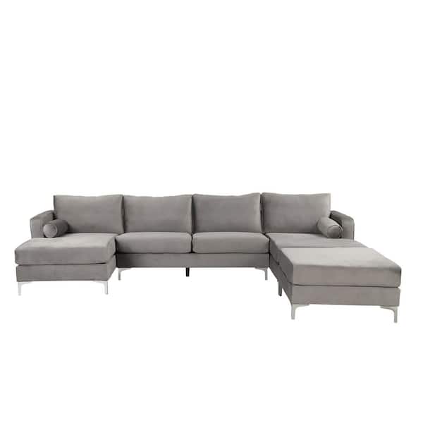 Utopia 4niture Della 123.6 in. W Round Arm Velvet U-Shaped Modern Sectional Sofa in Gray
