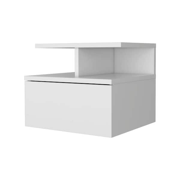 Unbranded Floating Nightstand 14 in. W White Rectangle Wood End Table with 2-Tier Shelf and 1-Drawer Wall-Mounted Bedside Table