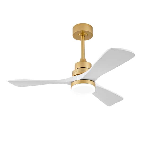 42 in. Gold Ceiling Fan with Light and Remote, 3 White Wood Blades for Modern Farmhouse Style, Downrod Mount