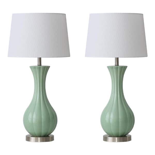 25.5 in. Modern Green Ceramic Table Lamp for Living Room and Bedroom with Natural Linen Shade