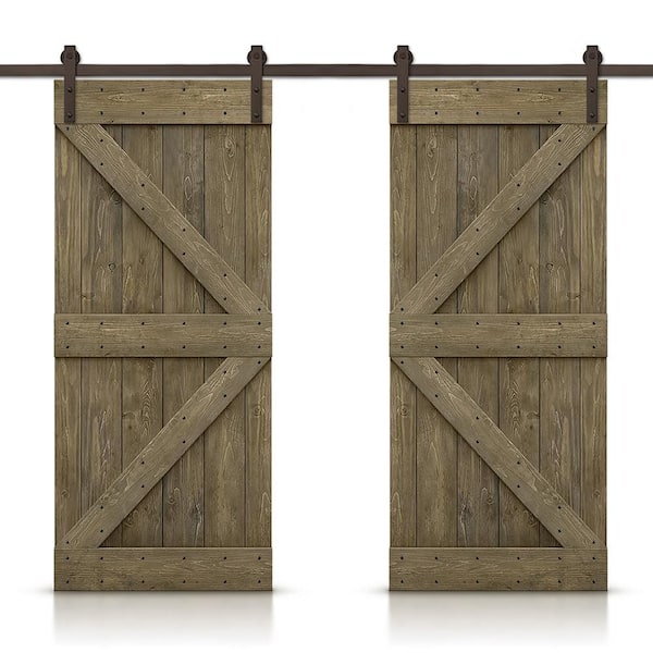CALHOME K 64 in. x 84 in. Aged Barrel Stained DIY Solid Pine Wood Interior Double Sliding Barn Door with Hardware Kit