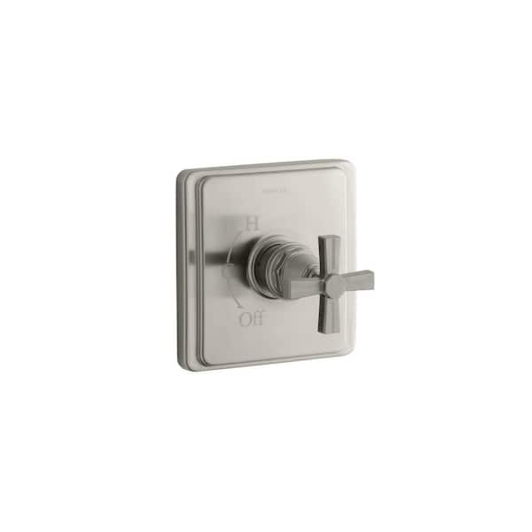 KOHLER Pinstripe 1-Handle Tub and Shower Faucet Trim Kit with Cross Handle in Vibrant Brushed Nickel (Valve Not Included)