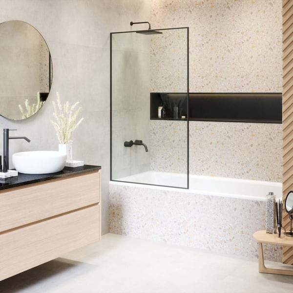 FINE FIXTURES 30 in. W x 58 in. H Fixed Tub Door Full Frame in Black Finish with Tempered Clear Glass