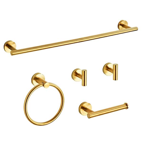 5-Piece Brushed Gold Stainless Steel Bathroom Hardware Set with 23.6 in. Towel Bar and Mounting Kit