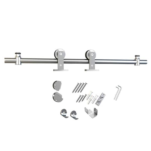 American Pro Decor 78.75 in. Stainless Steel Rolling Barn Door Hardware Kit for Single Wood Doors with Non-Routed Adjustable Floor Guides