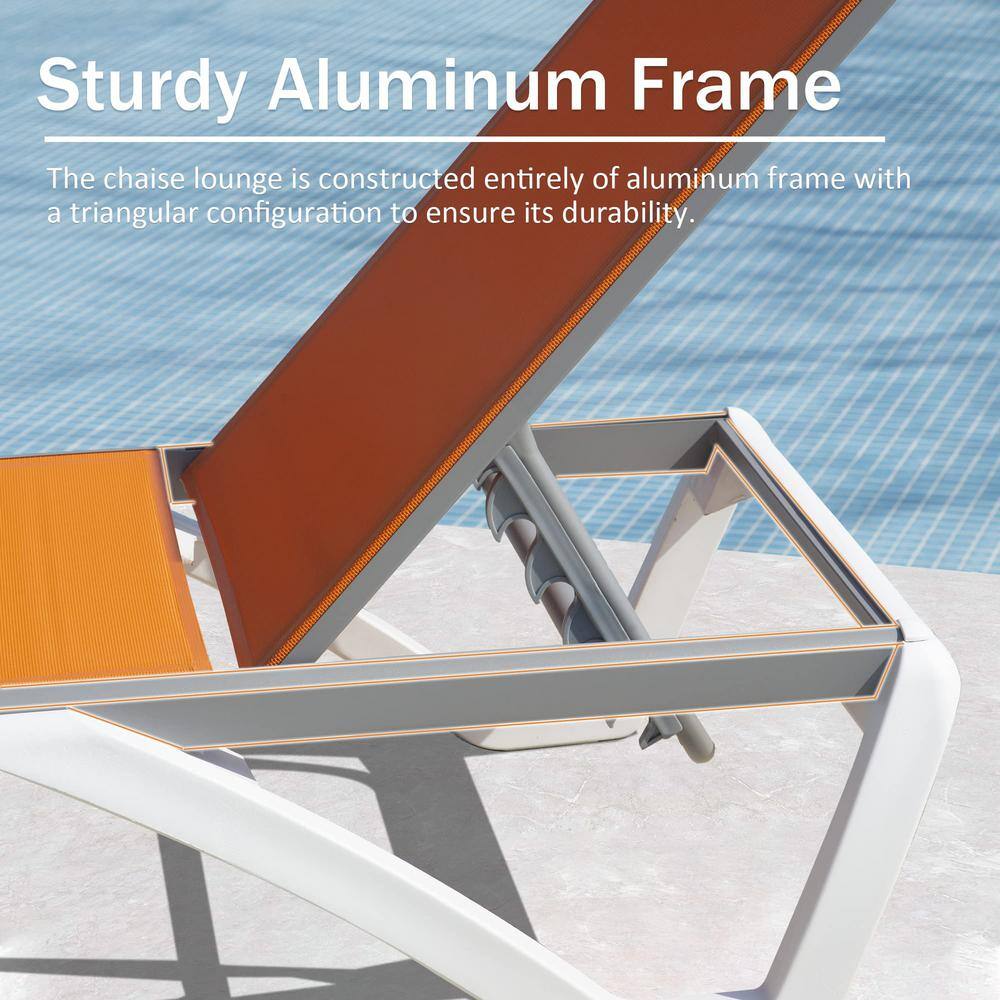 3-Piece White and Orange Adjustable Outdoor Lounge Chair Set