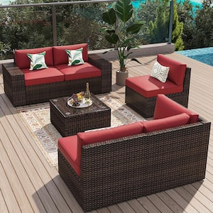 6-Piece Rattan Wicker Steel Patio Outdoor Sectional Set and Coffee Table with Red Cushions and Set Covers