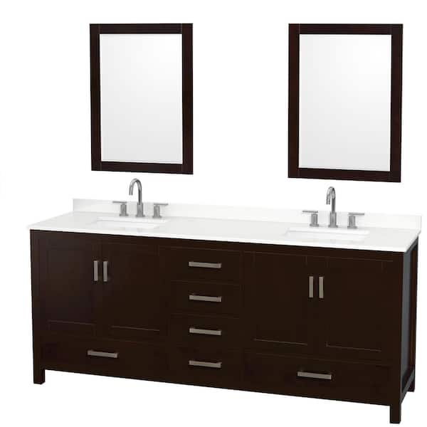 Wyndham Collection Sheffield 80 in. W x 22 in. D x 35 in. H Double Bath Vanity in Espresso with White Quartz Top and 24 in. Mirrors