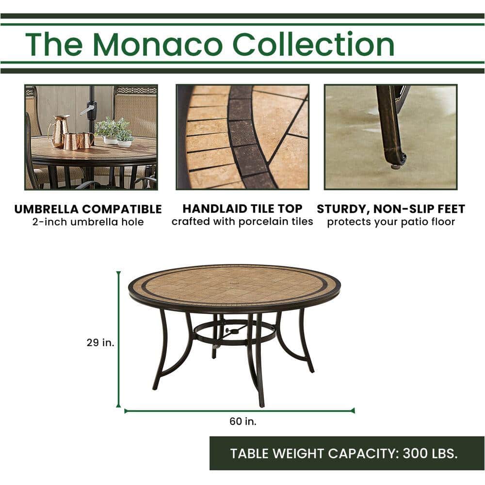 Elegant Monaco 60" Round Tile Dining Set for 6 with Cushions and Umbrella, Blue