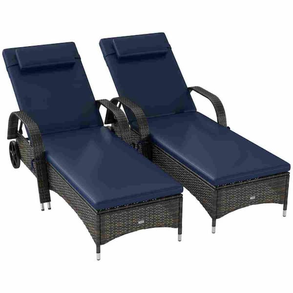 2-Piece Wicker Outdoor Chaise Lounge Rolling Chairs with Dark Blue Cushions, Pillow, Headrest, Armrests and Wheels
