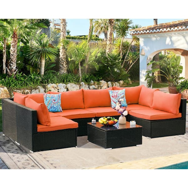Cesicia Black Frame 7-Piece Wicker Patio Conversation Set with Orange Cushions Pillows and Glass Table