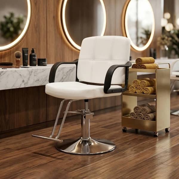 Off White PU Leather Barber Chairs Heavy Duty Hydraulic Pump