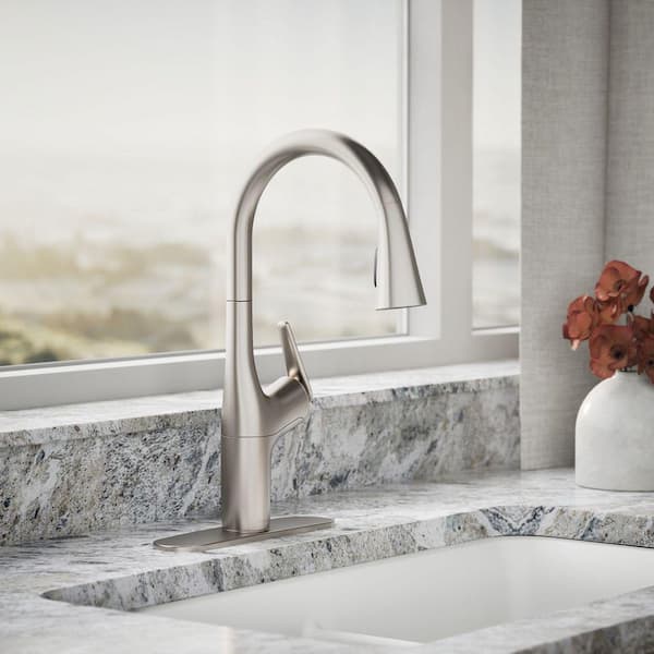 Safia 1-Handle Pull Down Sprayer Kitchen Faucet with Integrated Soap Dispenser in Vibrant Stainless