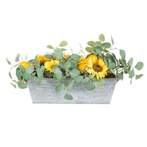 Faux Sunflower, Lemon and Eucalyptus Floral Arrangement in Metal Planter