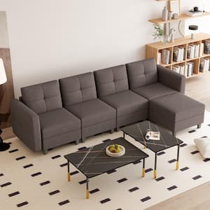 103.5 in.W L-Shaped Sofa Square Arm Fabric Modern Storable 4-Seat Plus 1 ft.(Dark Browm)