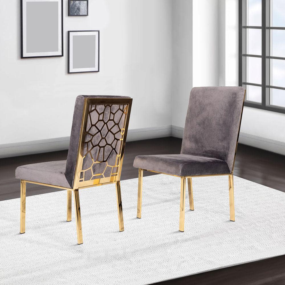 Benjara Gray and Gold Fabric Metal Frame Dining Chair Set of 2