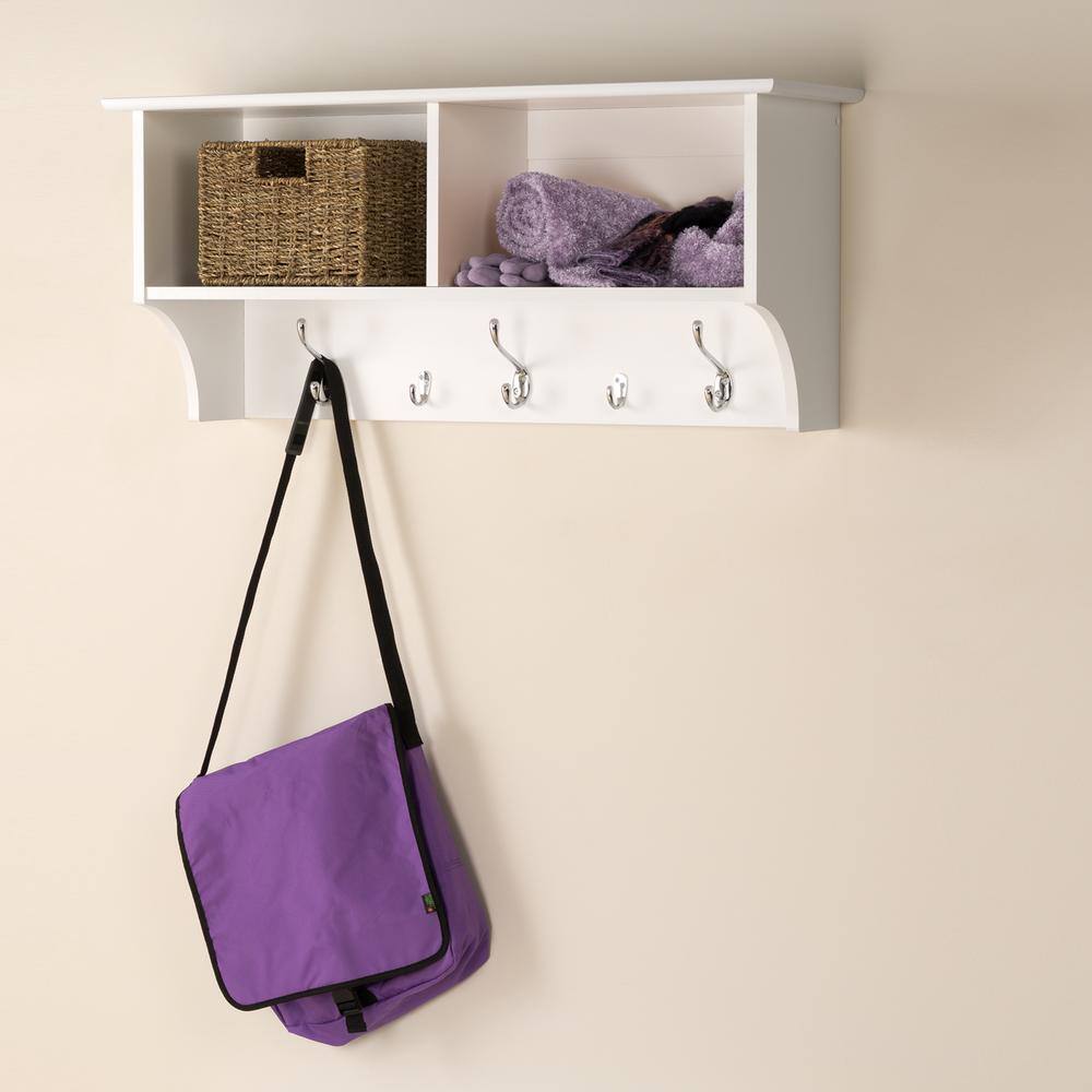 White Wall-Mounted Entryway Shelf with Hooks and Compartments