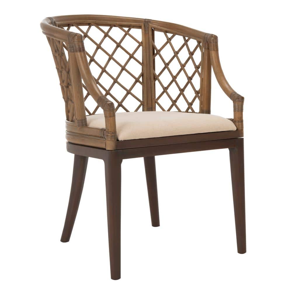 Monaco Coastal Chic Brown Rattan Arm Chair with White Cotton Cushion