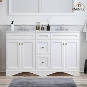 60 in. W x 22 in. D x 35.4 in. H Double Sink Solid Wood Bath Vanity in White with White Marble Top and Mirror