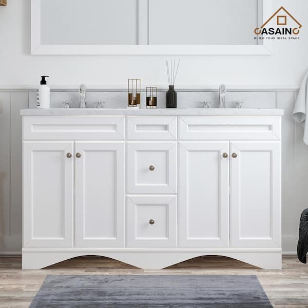 CASAINC 60 in. W x 22 in. D x 35.4 in. H Double Sink Solid Wood Bath Vanity in White with White Marble Top and Mirror