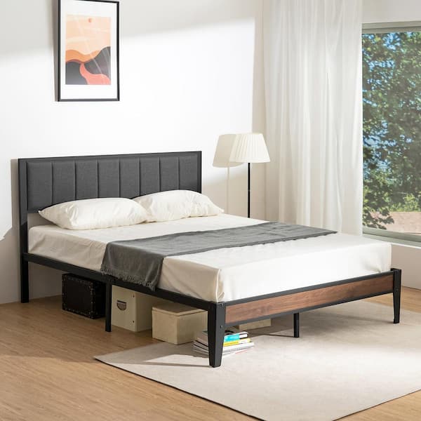 Gray Metal Upholstered Bed Frame Full Platform Bed with Headboard