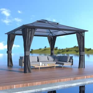 12 ft. x 12 ft. Polycarbonate Double Top Gazebo with Gray Curtains and Netting