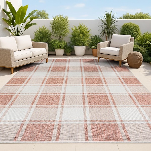 JONATHAN Y Sabine Traditional Farmhouse Bold Gingham Salmon/Cream 5 ft. x 8 ft. Indoor/Outdoor Area Rug