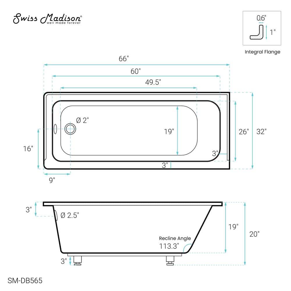 Voltaire 66" White Acrylic Alcove Bathtub with Jets