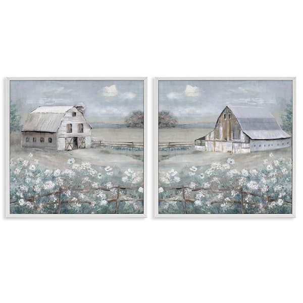 Stupell Industries Country Meadows with Barns by Sally Swatland 2 Pieces White Framed Nature Giclee Art Print 24 in. x 24 in.