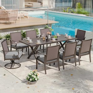 9-Piece Metal Outdoor Dining Set with Rattan Woven Backrest, Swivel Rocking Chairs, an Umbrella Hole and Grey Cushion