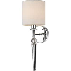 Merritt 1-Light Wall Sconce with Crystal Accents and Round Lampshade for Hardwire Installation Only, Shiny Chrome