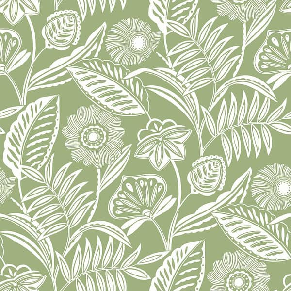 A-Street Prints Alma Green Tropical Floral Green Wallpaper Sample