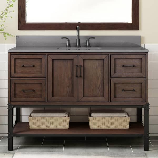 Home Decorators Collection Alster 48 in. W x 22 in. D x 35 in. H Single Sink Freestanding Bath Vanity in Brown Oak with Gray Engineered Stone Top