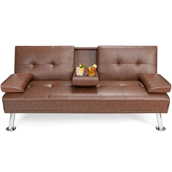 FORCLOVER 66 in. Coffee PU Leather Convertible Twin Sleeper Sofa Bed with 2-Cup Holders