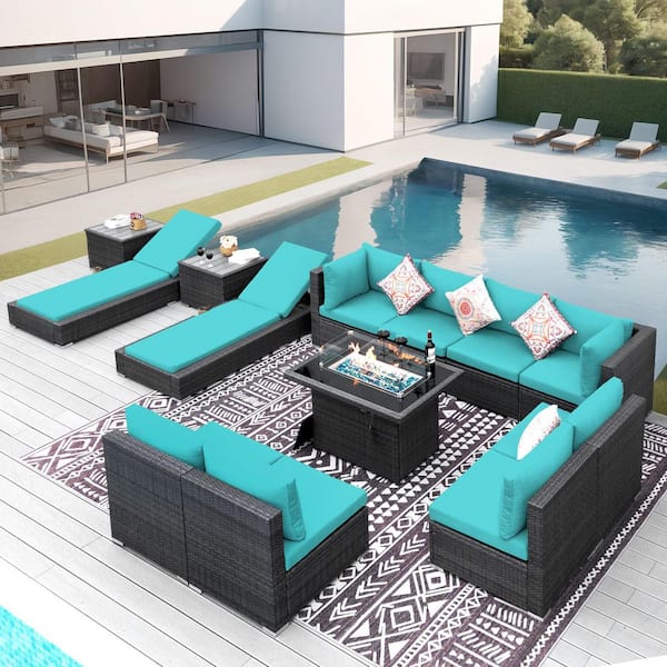 FINCATI 13-Piece Wicker Outdoor Furniture Patio Fire Pit Set Sectional Deep Seating Conversation Set with Lounge, Table, Teal