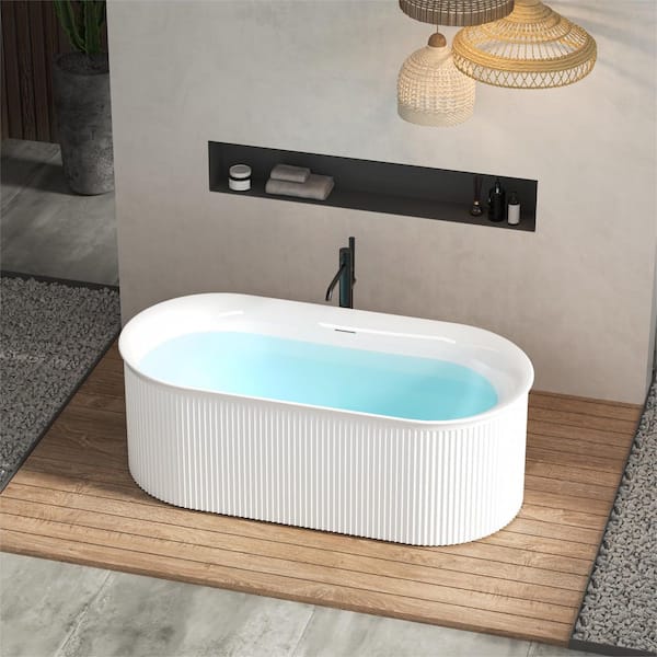 67 in. x 31 in. Freestanding Soaking Bathtub in Glossy White with Brushed Nickel Center Drain
