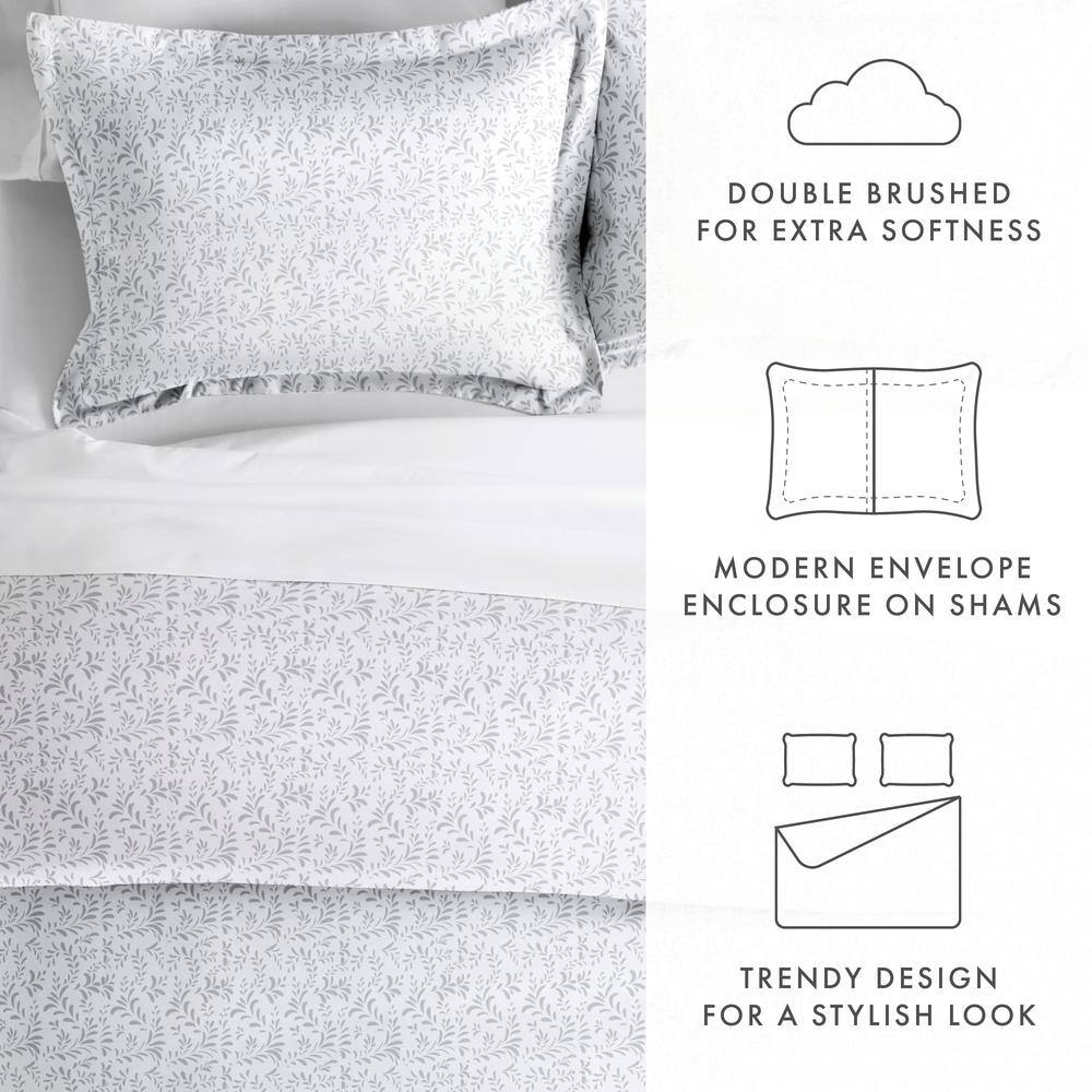 Light Gray Floral Microfiber Queen Duvet Cover Set with Shams