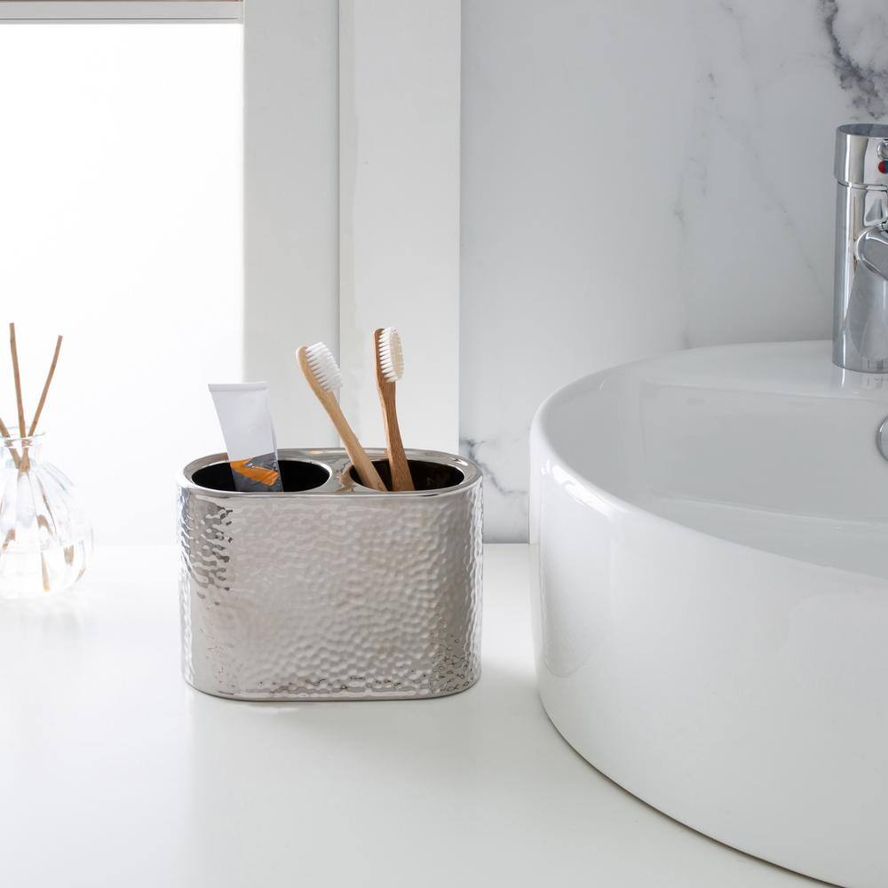 Silver Hammered Ceramic Toothbrush Holder with Dual Compartments
