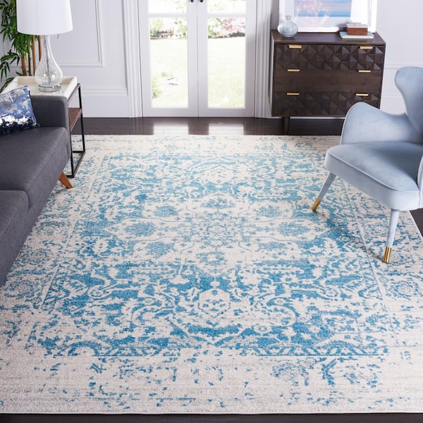 Madison Teal/Ivory 10 ft. x 14 ft. Geometric Border Floral Medallion Area Rug