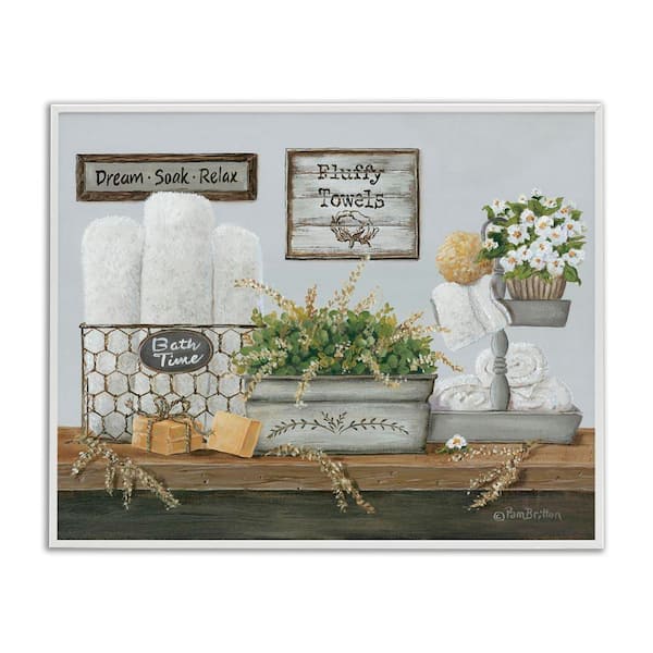 Washroom Counter Still Life Bathroom Towel by Pam Britton White Framed Giclee Art Print Typography 16 in. x 20 in.