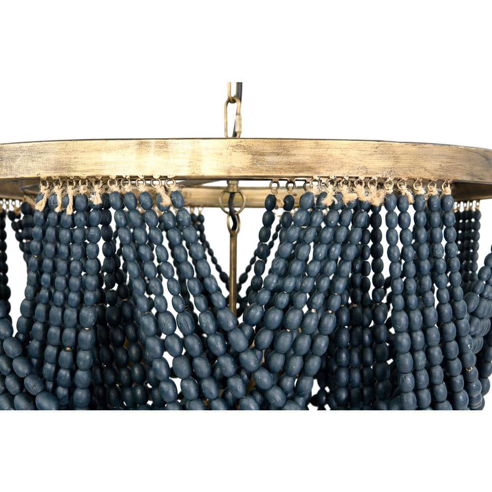 Blue Wood Bead 2-Tier Chandelier with Gold Frame
