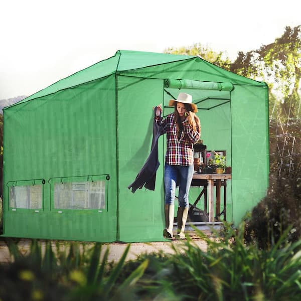 EAGLE PEAK 8 ft. W x 12 ft. D Large Walk-In Gardening Portable Greenhouse Canopy, Roll-Up Zipper Doors and Roll-Up Windows, Green