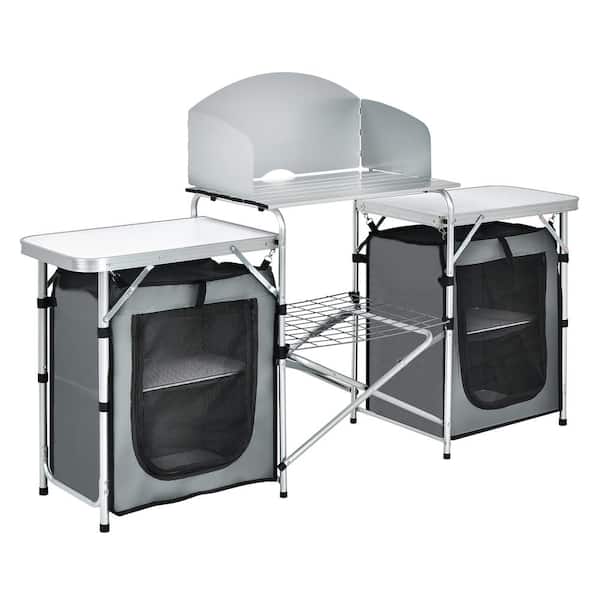 Costway White Folding Portable Aluminum Camping Grill Table with Storage Organizer Windscreen Chair