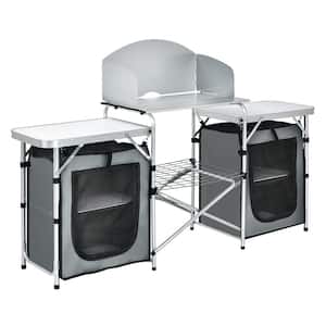 White Folding Portable Aluminum Camping Grill Table with Storage Organizer Windscreen Chair